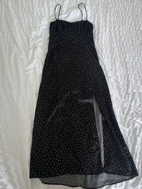Zara Black Polka Dot Midi Slip Dress with Spaghetti Straps